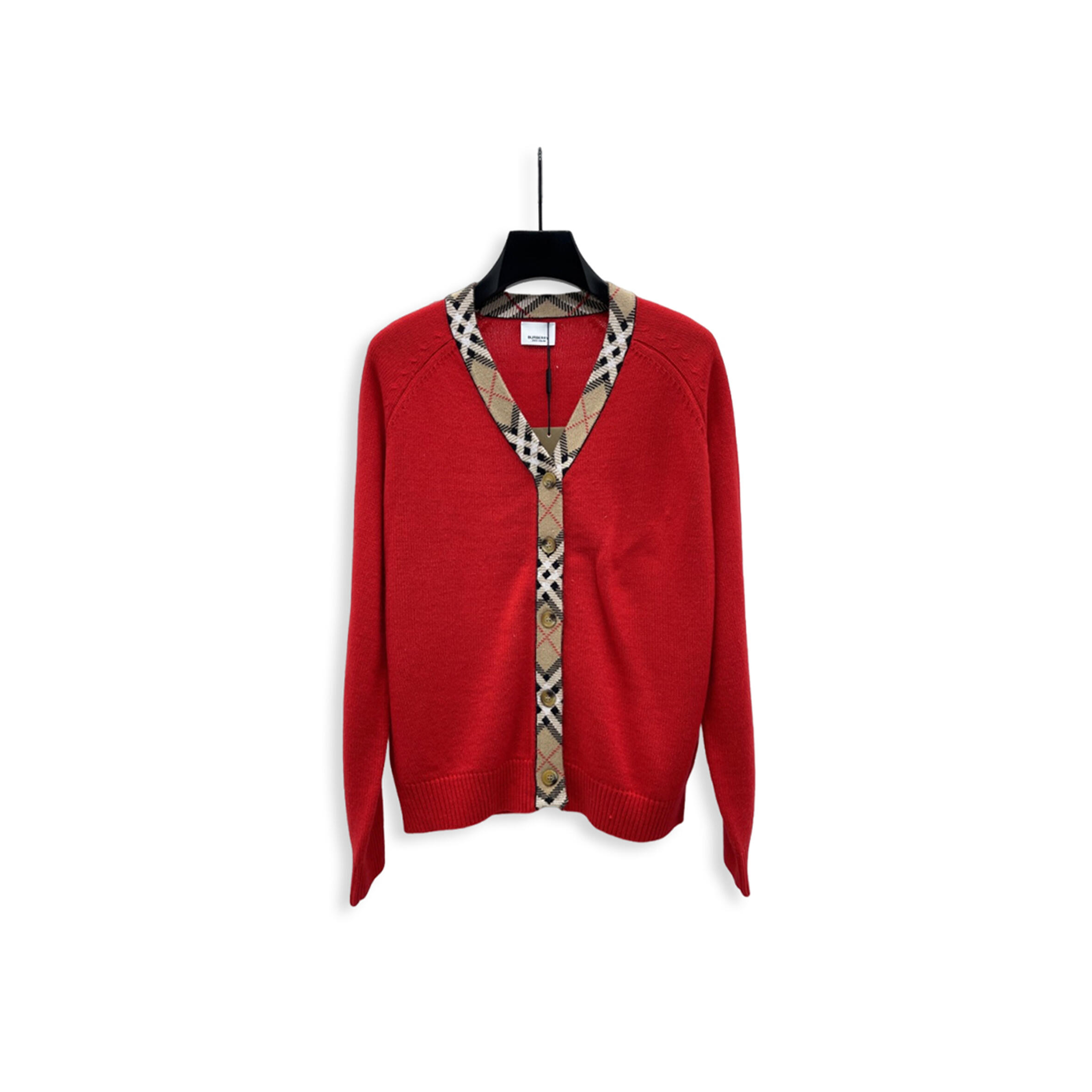 BURBERRY CHECKERED TRIM WOOL CARDIGAN 